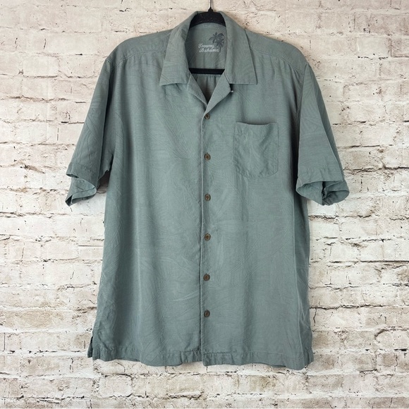 Tommy Bahama Medium Short Sleeve Button Down Shirt 100% Silk Green Palm Leaves M